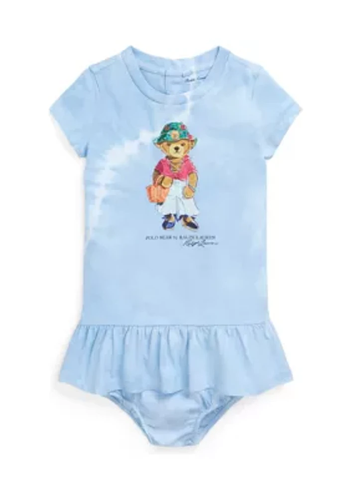 Baby Girls Tie Dye Polo Bear Cotton Dress and Bloomer