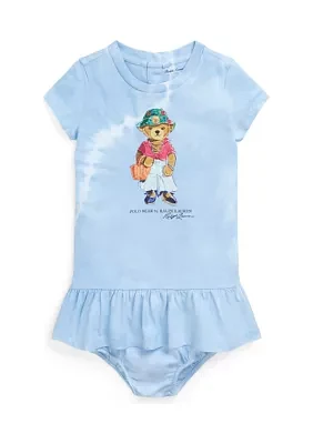 Baby Girls Tie Dye Polo Bear Cotton Dress and Bloomer