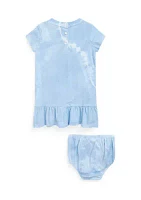 Baby Girls Tie Dye Polo Bear Cotton Dress and Bloomer