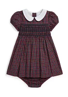 Baby Girls Plaid Smocked Cotton Dress & Bloomer