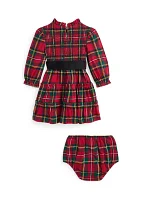 Baby Girls Plaid Smocked Cotton Dress & Bloomer