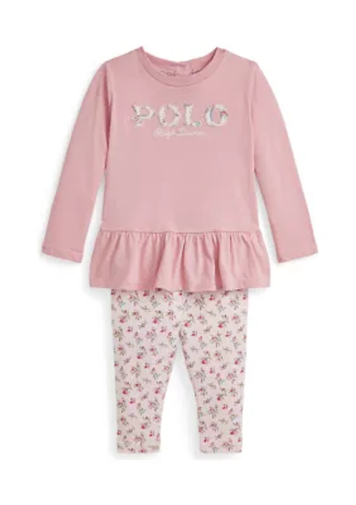 Baby Girls Logo Cotton T-Shirt & Floral Leggings Set