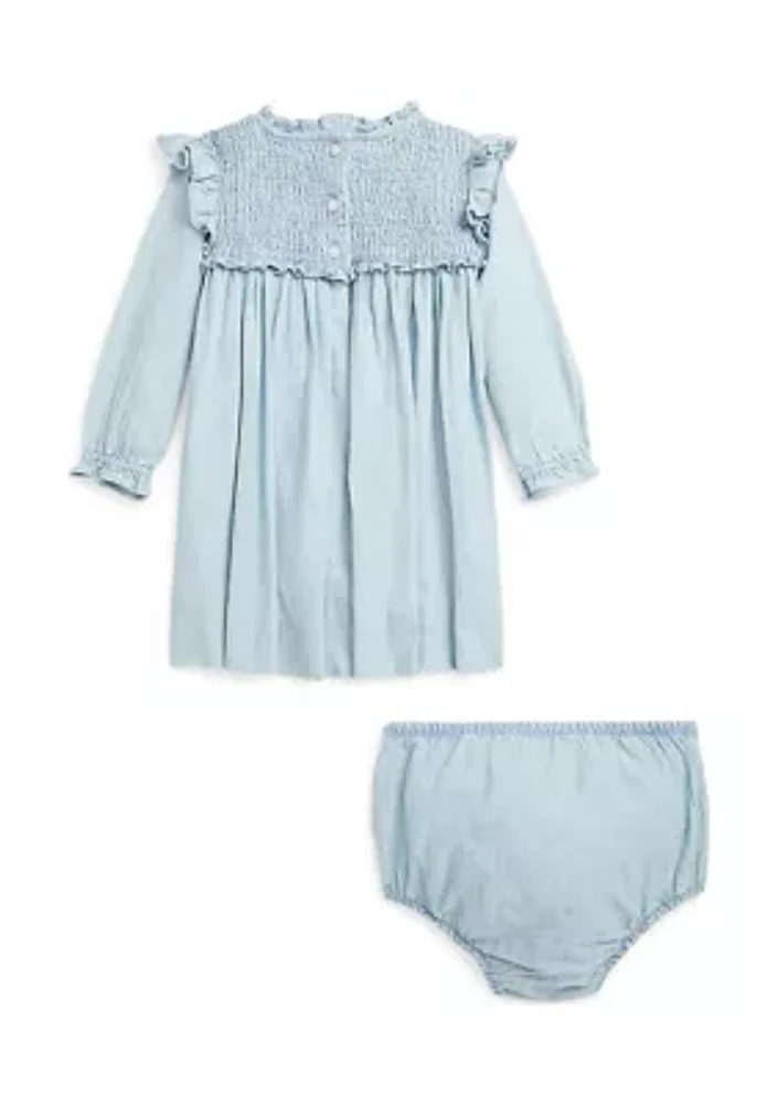 Baby Girls Smocked Cotton Chambray Dress & Bloomer