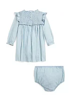 Baby Girls Smocked Cotton Chambray Dress & Bloomer