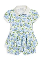 Baby Girls Floral Cotton Mesh Polo Bubble Shortall