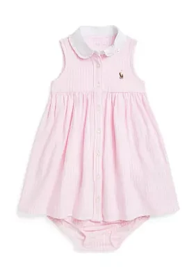 Baby Girls Striped Knit Oxford Shirtdress & Bloomer