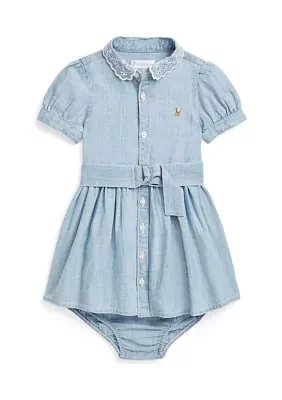 Baby Girls Belted Chambray Shirtdress & Bloomer