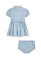 Baby Girls Belted Chambray Shirtdress & Bloomer