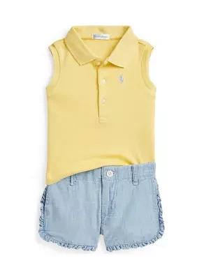 Baby Girls Cotton Polo Shirt & Chambray Short Set