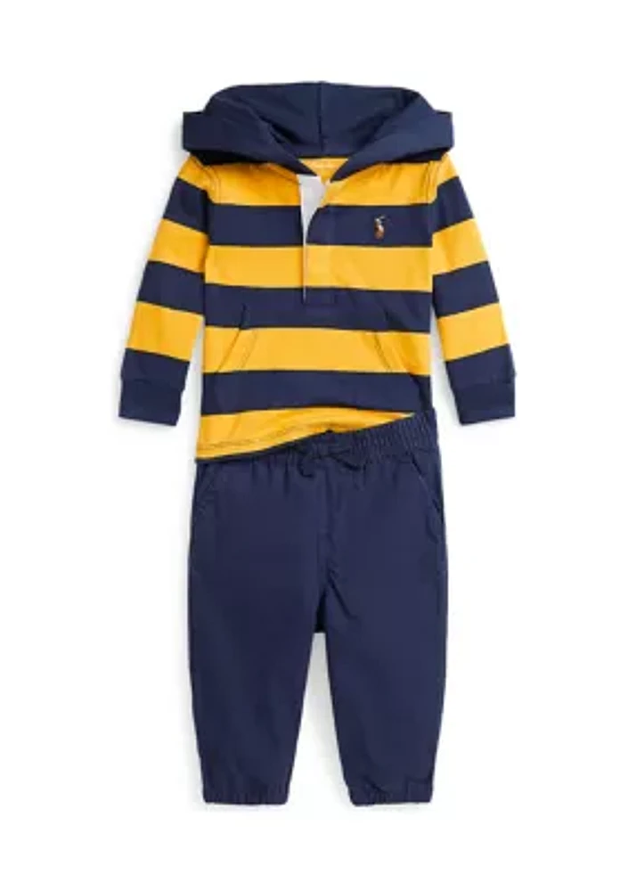 Baby Boys Cotton Hooded Rugby Shirt & Pants Set