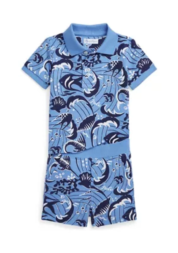 Baby Boys Reef-Print Cotton Polo Shirt & Short Set