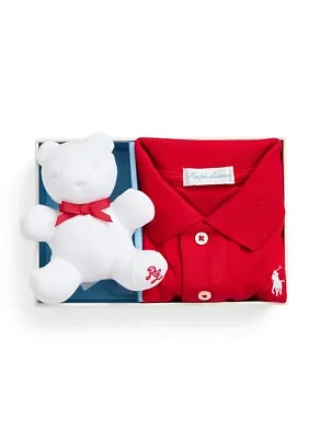 Baby Boys Cotton Mesh Polo Shirt & Bear Gift Box