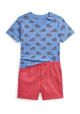 Baby Boys Car Printed Cotton T-Shirt & Chino Shorts Set