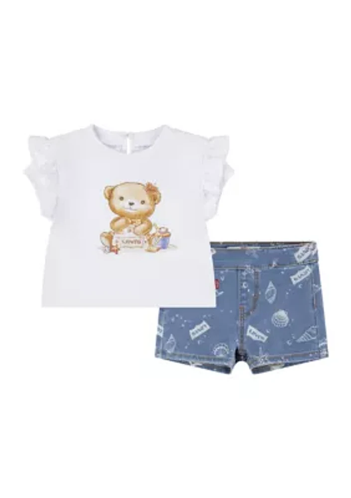 Baby Girls Flutter Sleeve T-Shirt and Printed Shorts Set