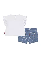 Baby Girls Flutter Sleeve T-Shirt and Printed Shorts Set