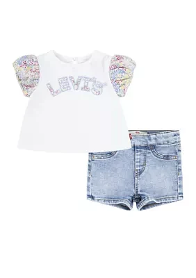 Baby Girls Floral Sleeve Graphic T-Shirt and Denim Shorts Set