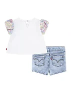 Baby Girls Floral Sleeve Graphic T-Shirt and Denim Shorts Set