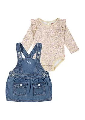 Baby Girls Printed Pinafore Bodysuit and Denim Skirtall Set