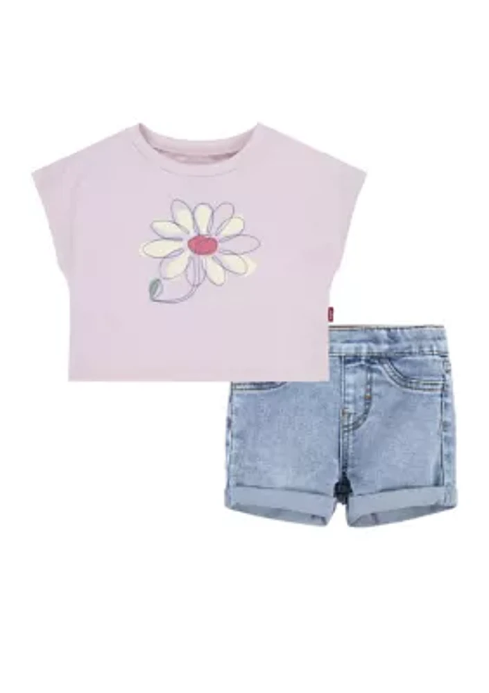 Toddler Girls Floral Graphic T-Shirt and Denim Shorts Set