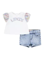 Toddler Girls Floral Sleeve Graphic T-Shirt and Denim Shorts Set