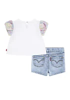 Toddler Girls Floral Sleeve Graphic T-Shirt and Denim Shorts Set