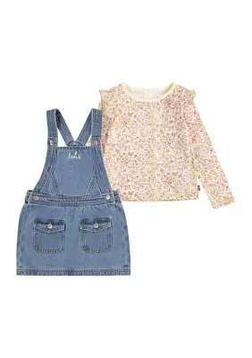 Toddler Girls Printed Pinafore Top and Denim Dress Set