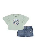 Toddler Girls Graphic Flutter Sleeve T-Shirt and Denim Shorts Set
