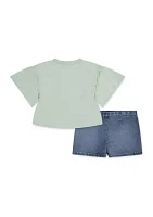 Toddler Girls Graphic Flutter Sleeve T-Shirt and Denim Shorts Set