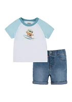 Baby Boys Short Sleeve Surfing Bear Graphic T-Shirt and Shorts Set