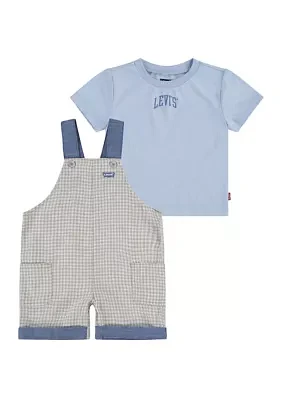 Baby Boys Gingham Printed Shortall and Graphic T-Shirt Set