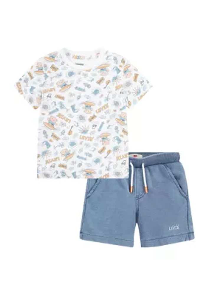 Toddler Boys Short Sleeve Surfing Doodle Allover Print T-Shirt and Shorts Set