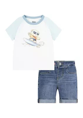 Toddler Boys Short Sleeve Surfing Bear Graphic T-Shirt and Denim Shorts Set