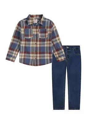 Toddler Boys Plaid Printed Flannel Button Down Shirt and Jeans Set