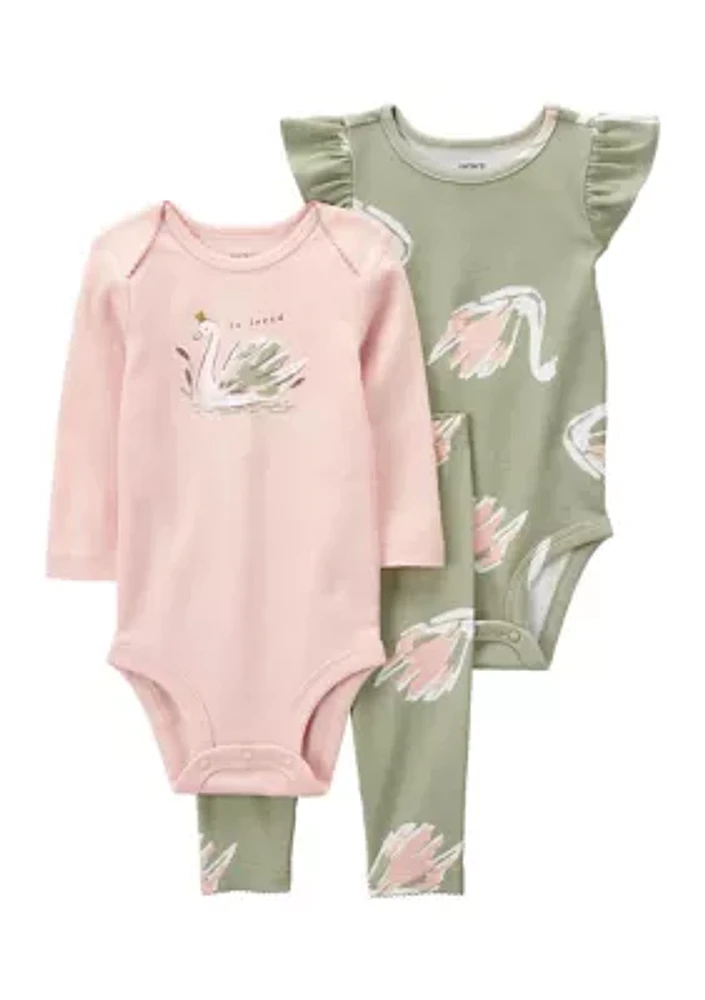 Baby Girls 3 Piece Swan Printed Bodysuit and Pants Set