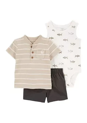 Baby Boys 3 Piece Striped Woven Shorts Set