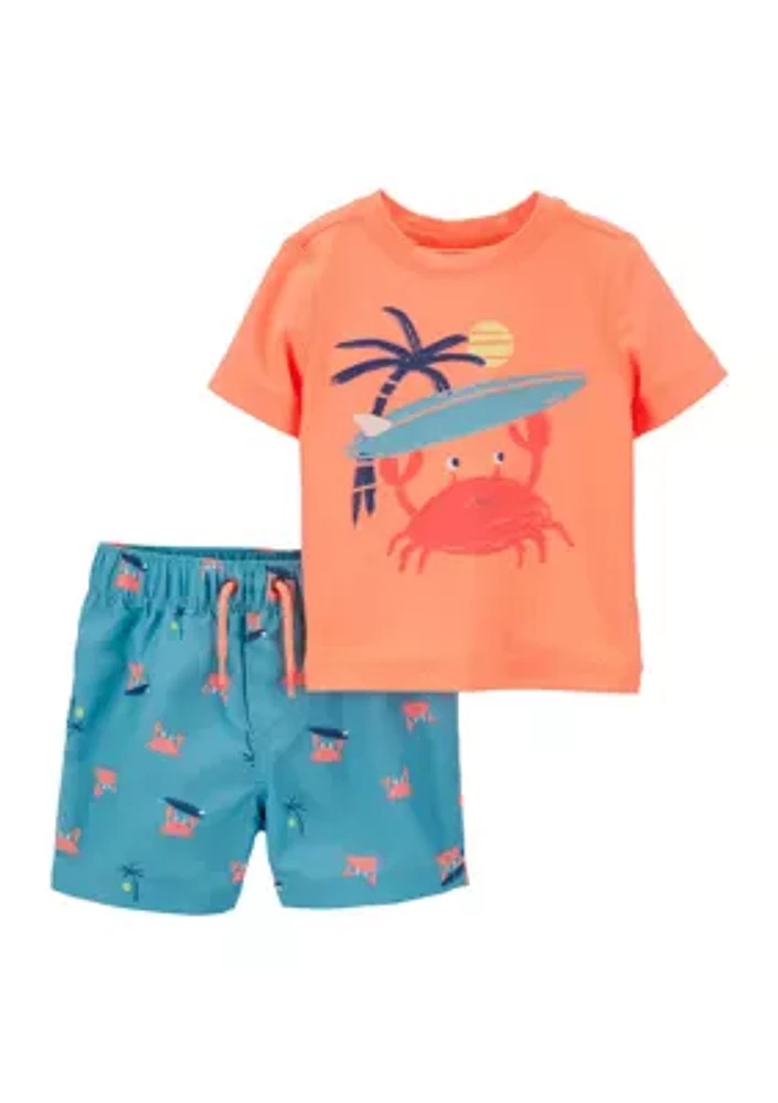 Baby Boys Short Sleeve Crab Print Swim Rashguard Set