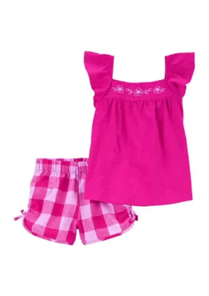 Baby Girls Embroidered Tank Top and Gingham Printed Shorts Set