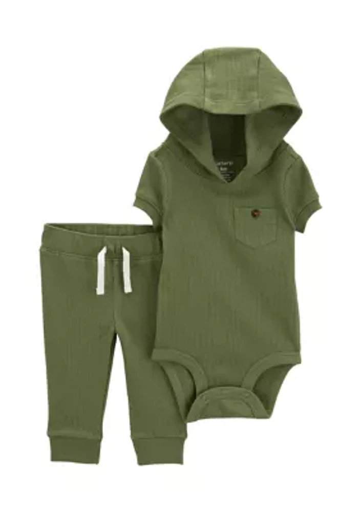 Baby Boys Ribbed Knit Thermal Hooded Bodysuit and Pants Set