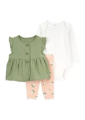 Baby Girls Three Piece Top and Printed Leggings Set