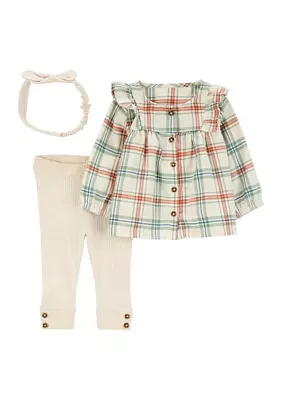 Baby Girls Plaid Printed Top and Leggings Set with Headwrap