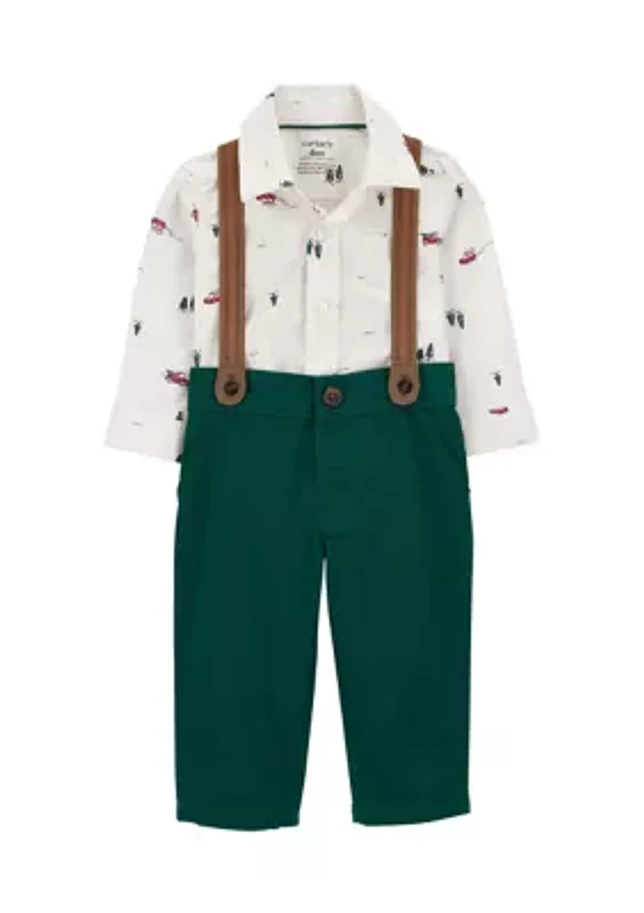 Baby Boys Printed Shirt and Pants Set with Suspenders