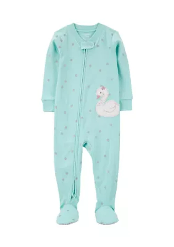 Baby Girls Swan Appliqué Printed Thermal Footie Pajamas