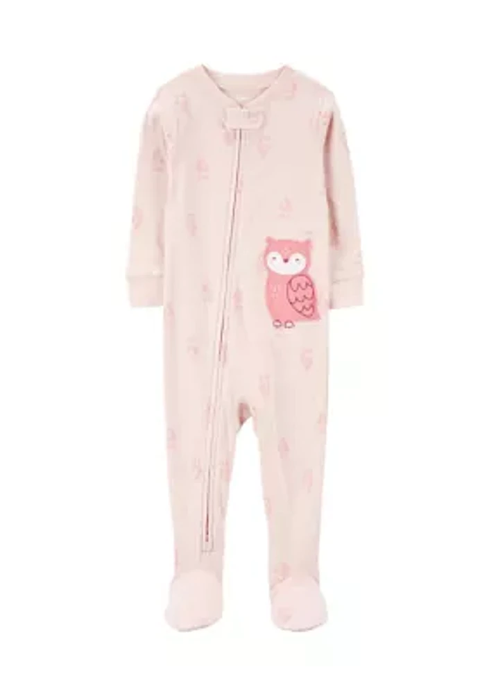 Baby Girls Owl Appliqué Printed Thermal Footie Pajamas