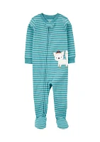 Baby Boys Striped Wolf Appliqué Thermal Footie Pajamas