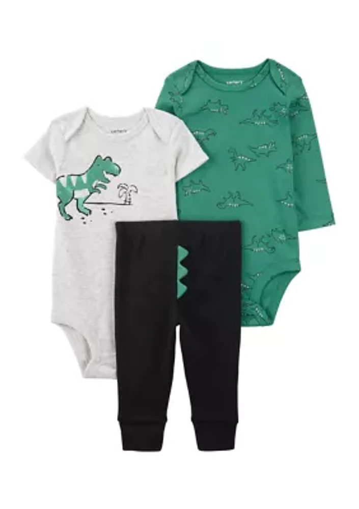 Baby Boys 3 Piece Dinosaur Printed Bodysuit and Pants Set