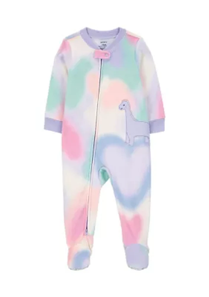 Baby Girls Dinosaur Tie Dye Printed Fleece Footie Pajamas