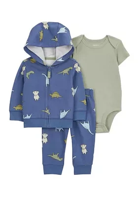 Baby Boys 3 Piece Dinosaur Printed Bodysuit and Pants Set