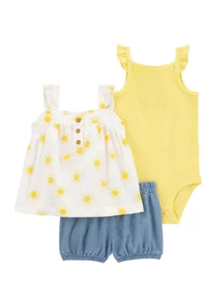 Baby Girls Three Piece Printed Top and Bodysuit Set