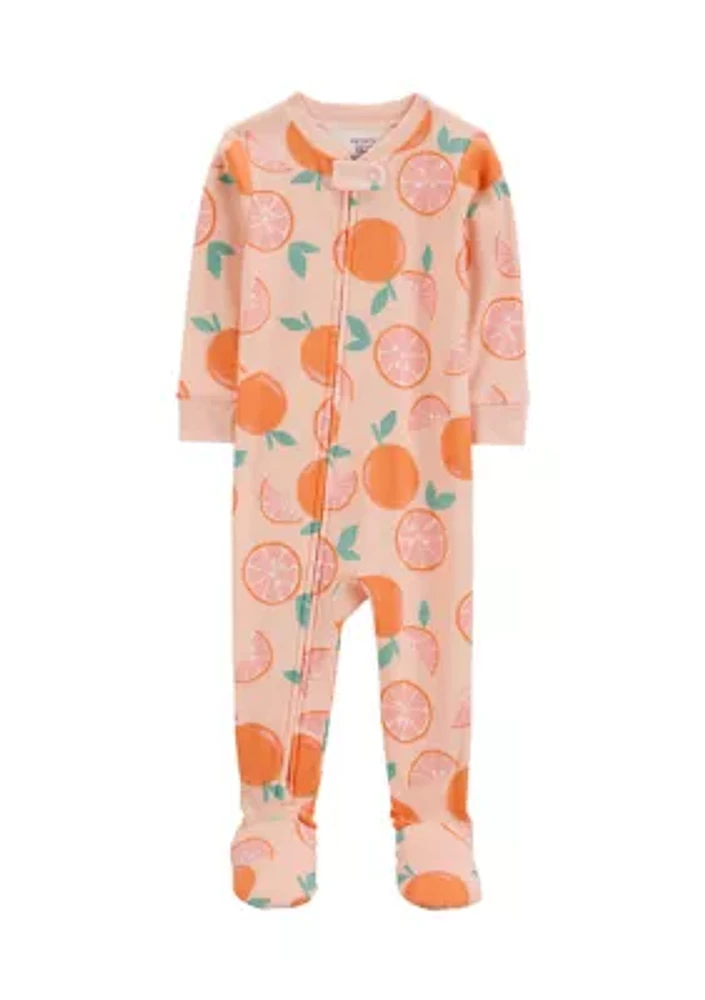 Baby Girls Orange Printed Footie Pajamas