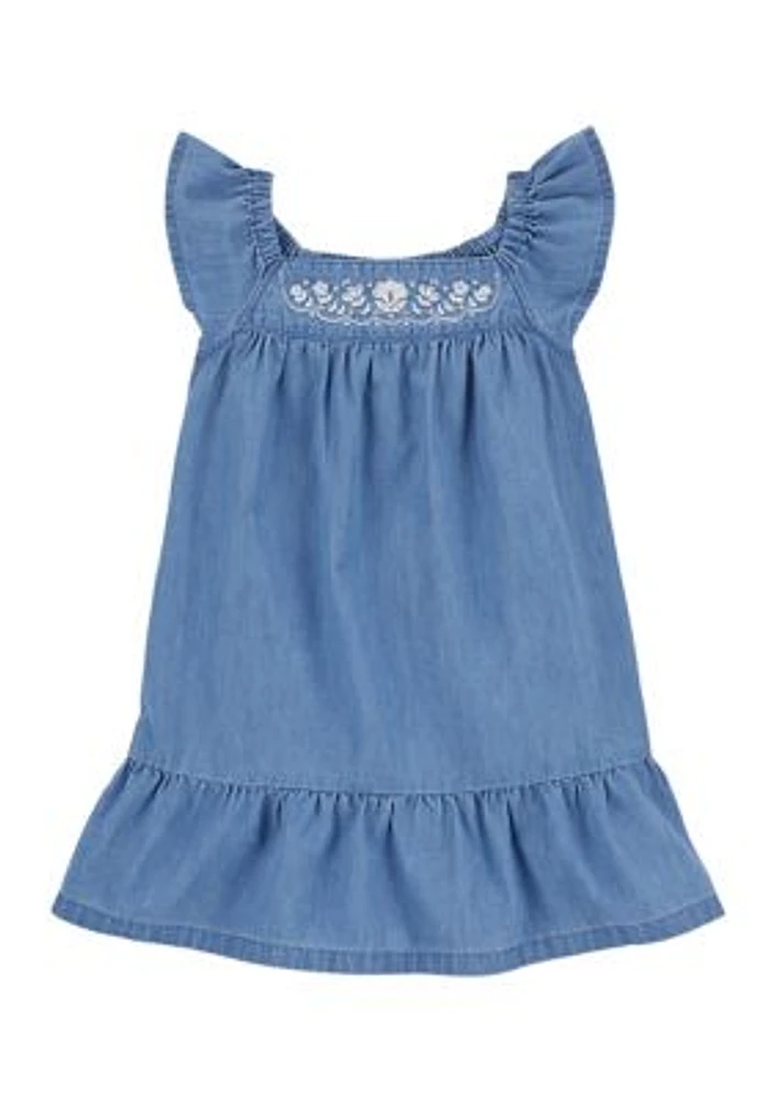 Toddler Girls Embroidered Chambray Dress